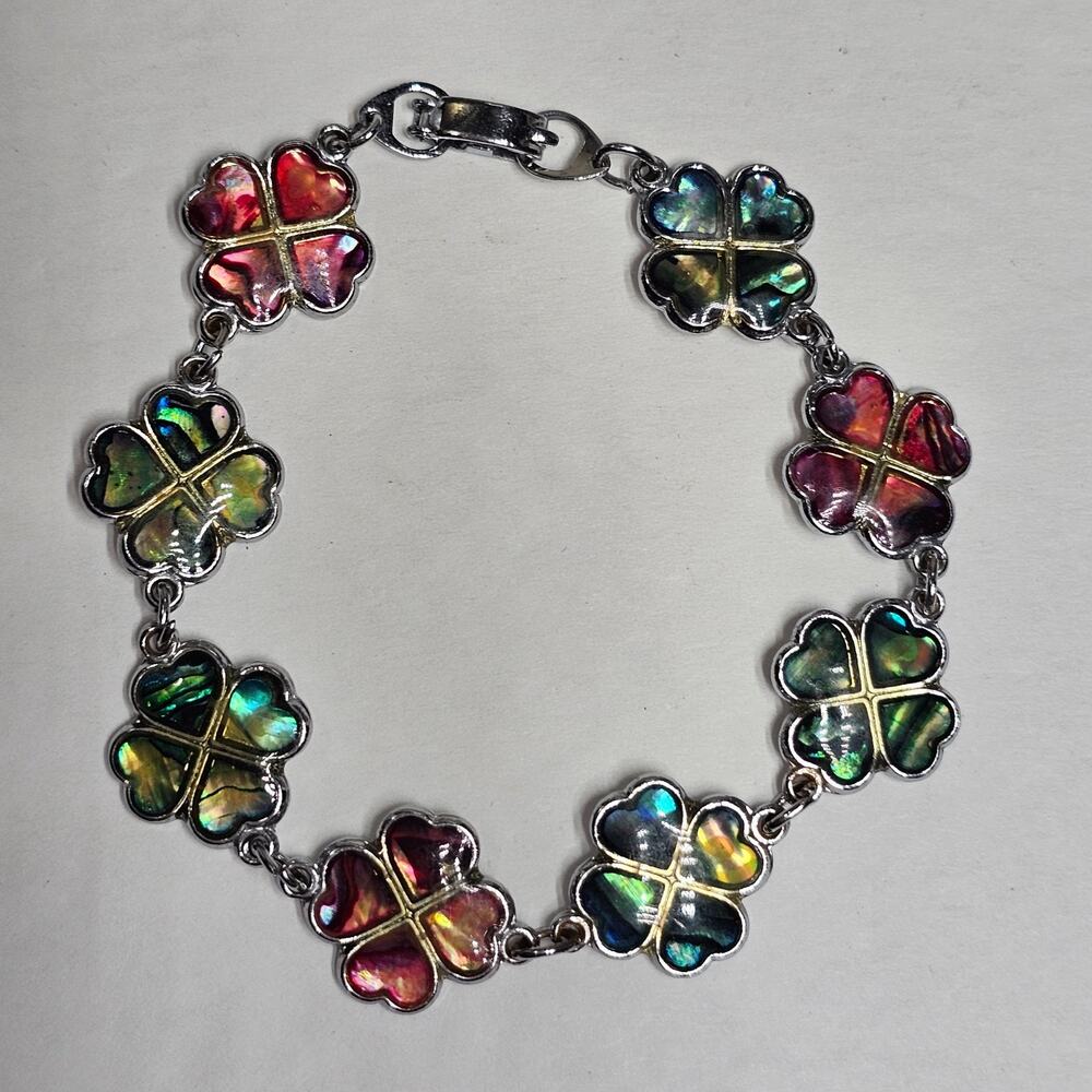 Paua Abalone Shell of the Sea Bracelet Four Leaf Clover Shamrock Silvertone